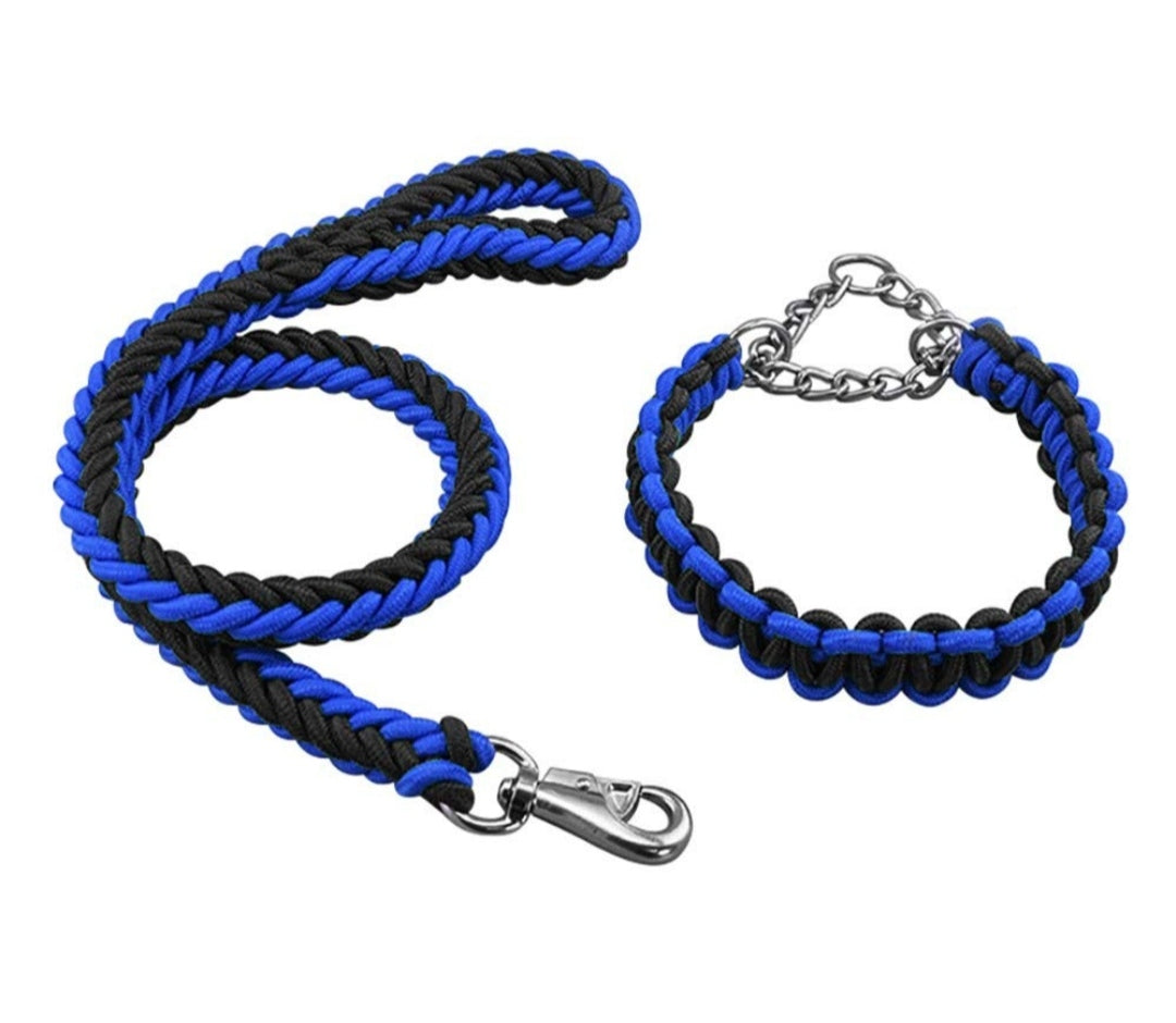 LAISSE AVEC COLLIER POUR GRAND CHIENS NOIR ET BLEU